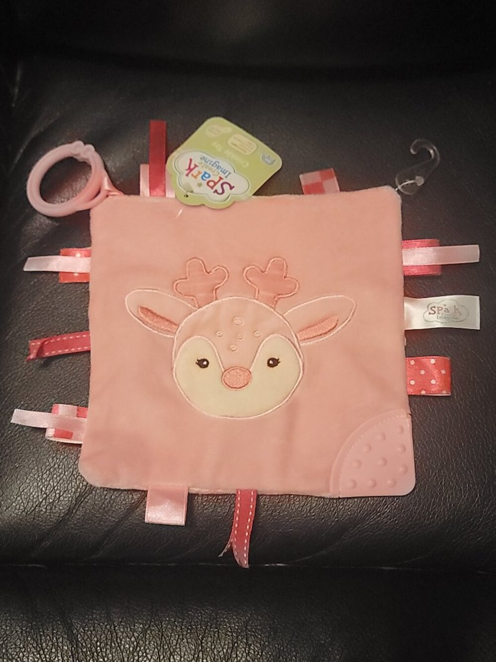NWT Spark Create Imagine Infants Crinkle Pink Deer Baby Teether Toy Ribbon Tags